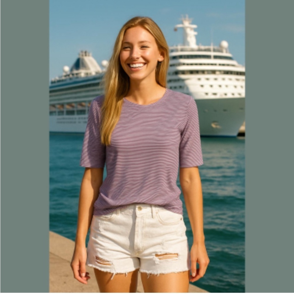 Nwot BRR Cooling Tee Denim & Co Striped Crew Neck Elbow Sleeve Purple Top Large